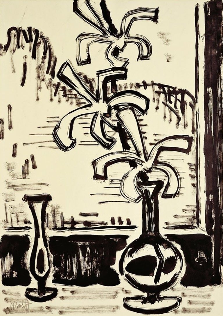 Auf diesem Bild ist das folgende Kunstwerk zu sehen: Karl Schmidt-Rottluff. Vase mit Orchidee am Fenster. Um 1962.