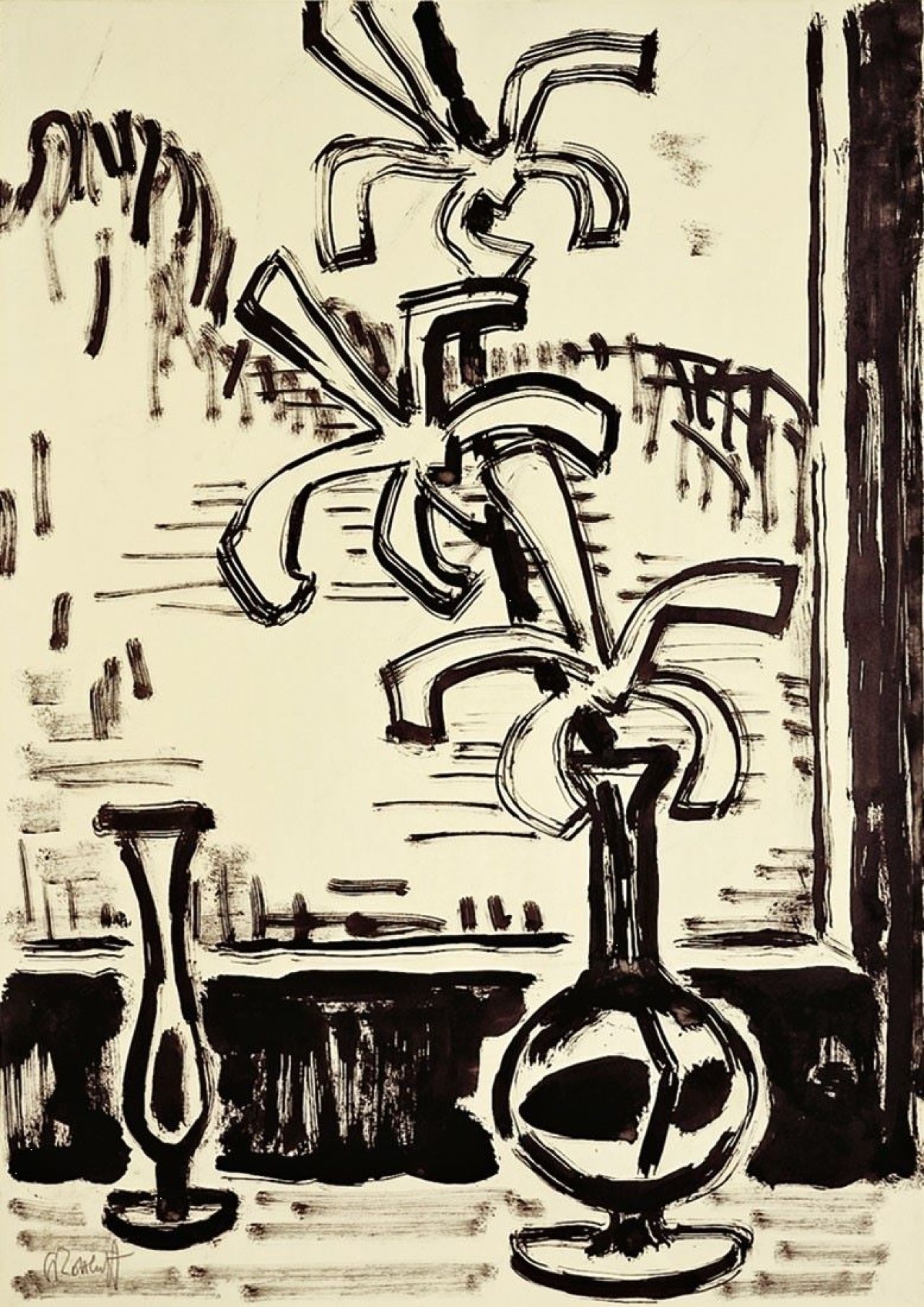 Auf diesem Bild ist das folgende Kunstwerk zu sehen: Karl Schmidt-Rottluff. Vase mit Orchidee am Fenster. Um 1962.