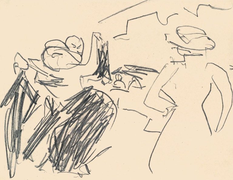 Auf diesem Bild ist das folgende Kunstwerk zu sehen: Ernst Ludwig Kirchner. Tanzendes Paar mit Zuschauerin. Um 1910.