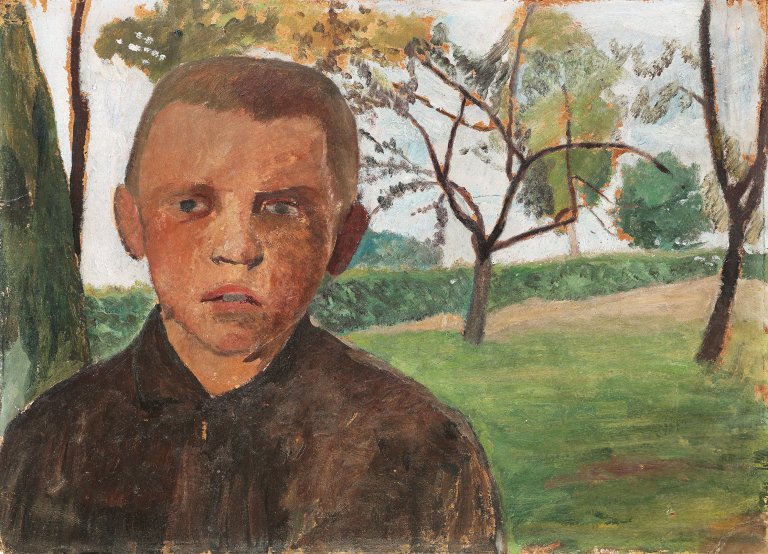 This picture shows the following artwork: Paula Modersohn-Becker. ”Brustbild eines Jungen vor Apfelbäumen”. 1901.