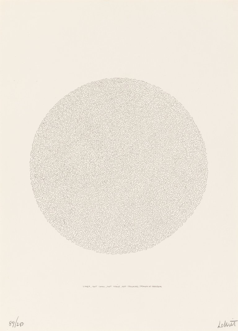 Auf diesem Bild ist das folgende Kunstwerk zu sehen: Sol LeWitt. „Lines, Not Long, Not Heavy, Not Touching, Drawn at Random (circle)“. 1970.