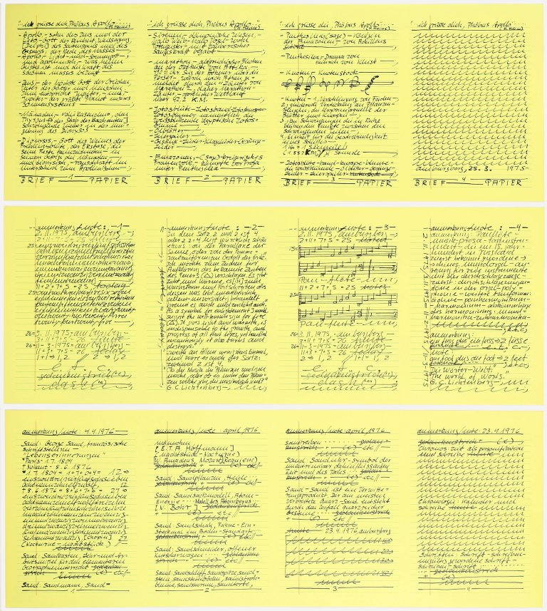 Auf diesem Bild ist das folgende Kunstwerk zu sehen: Hanne Darboven. „Aufzeichnung 25.3.1975“ / „Aufzeichnung 3.11.1975“ / „Aufzeichnung 23.4.1976“ / „Kalenderblatt 1975“ / „Kalenderblatt 1975“. 1979.