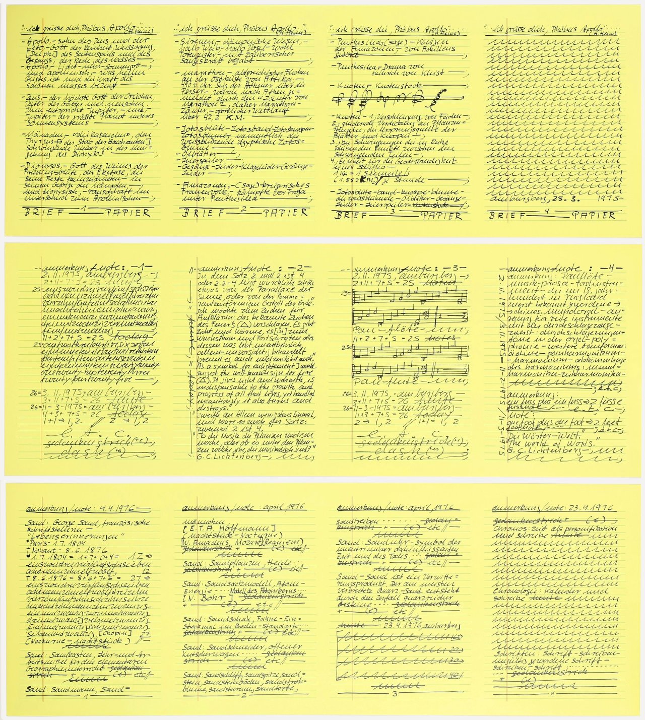Auf diesem Bild ist das folgende Kunstwerk zu sehen: Hanne Darboven. „Aufzeichnung 25.3.1975“ / „Aufzeichnung 3.11.1975“ / „Aufzeichnung 23.4.1976“ / „Kalenderblatt 1975“ / „Kalenderblatt 1975“. 1979.