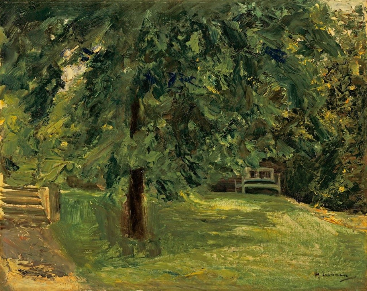 Auf diesem Bild ist das folgende Kunstwerk zu sehen: Max Liebermann. „Gartenbank unter dem Kastanienbaum im Wannseegarten“. 1925.