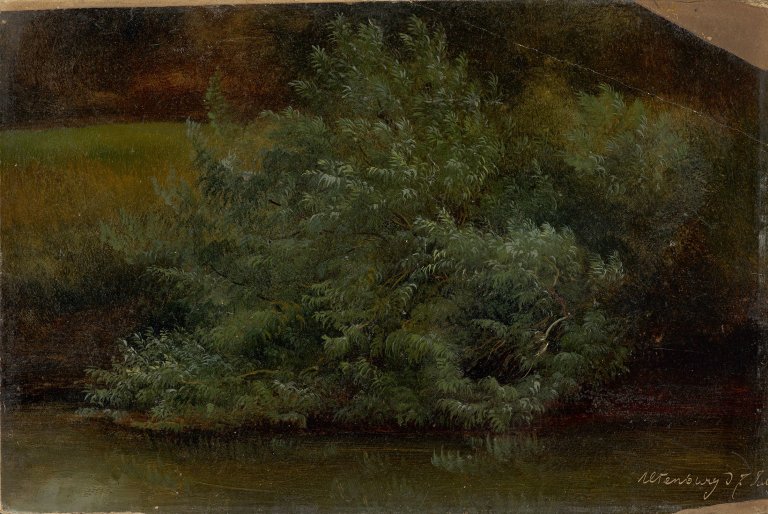 Auf diesem Bild ist das folgende Kunstwerk zu sehen: Karl Christian Sparmann. Weide am Bachufer in Altenburg. Um 1843/44.