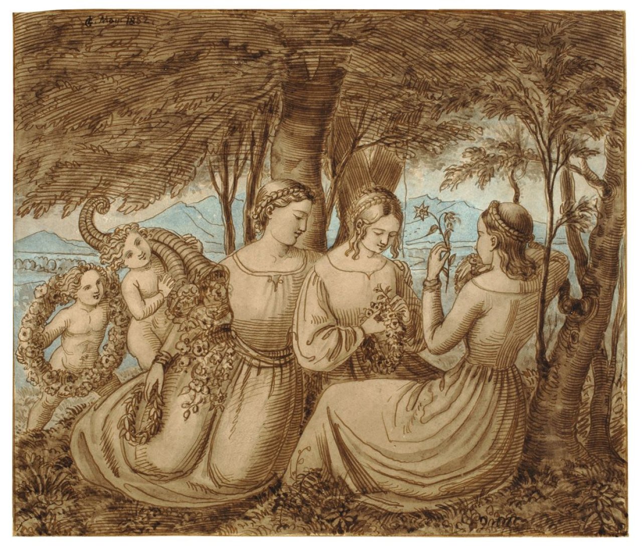 Auf diesem Bild ist das folgende Kunstwerk zu sehen: Ludwig Emil Grimm. „Drei Mädchen und zwei Putten unter Bäumen mit Blumen, Blumenkränzen und Füllhörnern mit Blumen“. 1852.