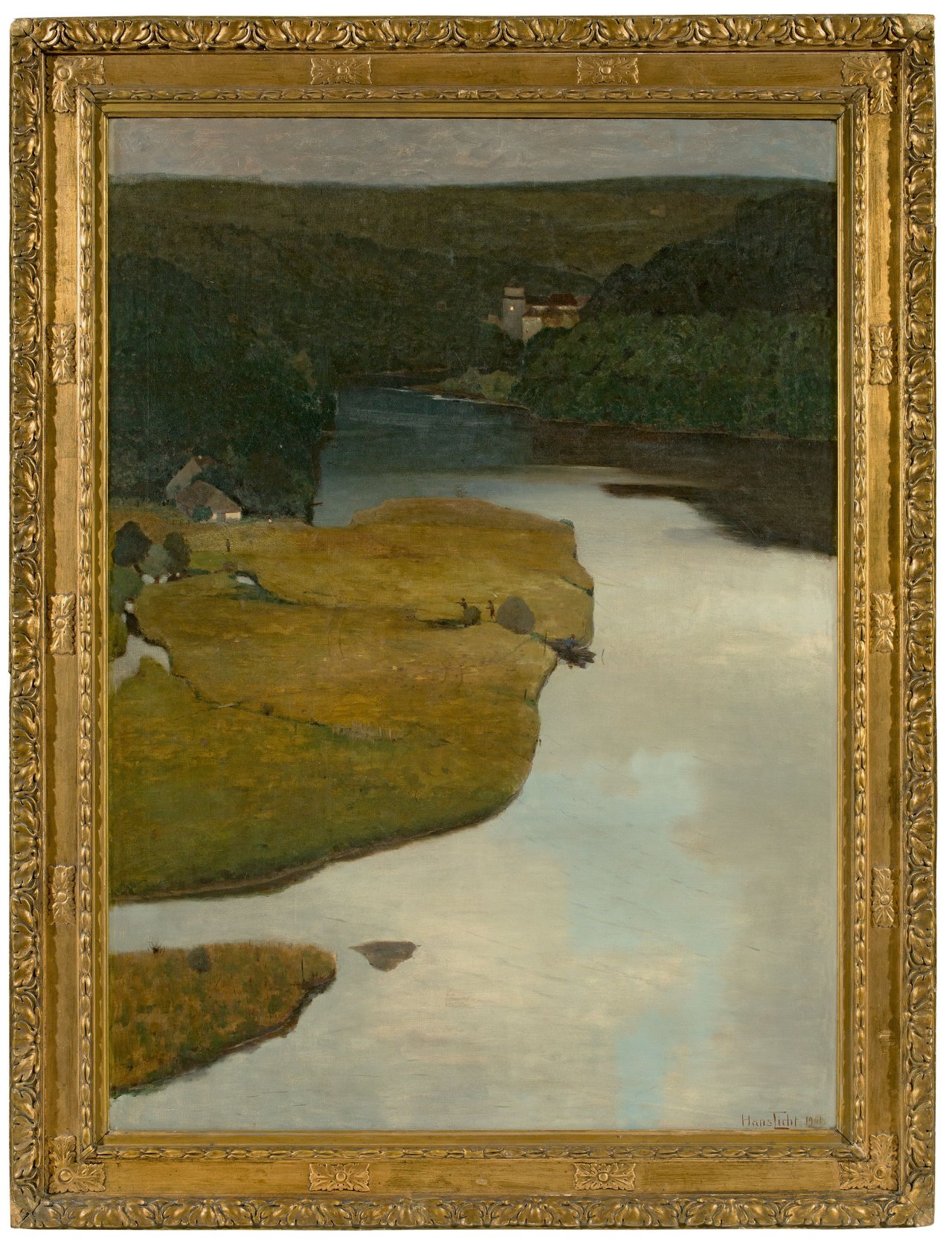 Auf diesem Bild ist das folgende Kunstwerk zu sehen: Hans Licht. Das Muldethal gegen Abend. 1901.