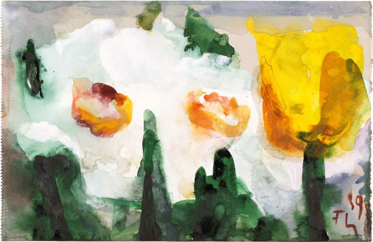 Auf diesem Bild ist das folgende Kunstwerk zu sehen: Klaus Fußmann. Tulpe und Narzissen. 1995.