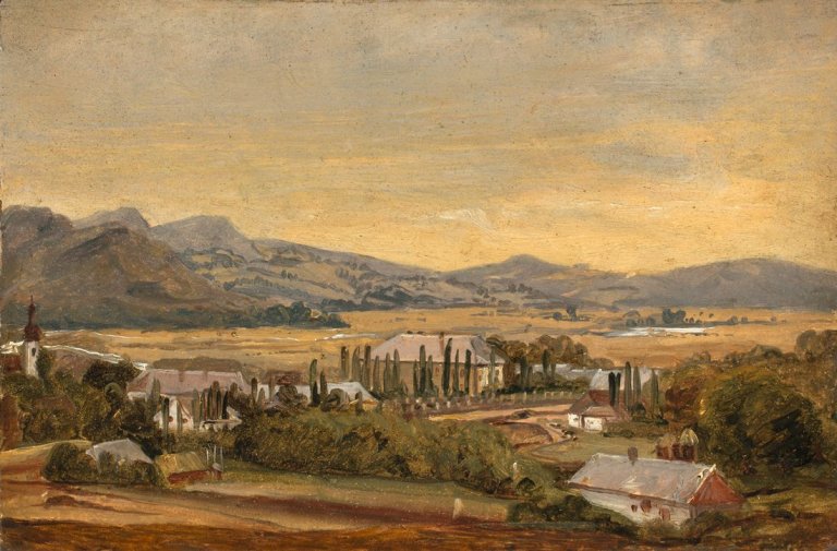 Auf diesem Bild ist das folgende Kunstwerk zu sehen:  Dresden, um 1850. Landschaft mit pappelbestandenden Gebäuden.