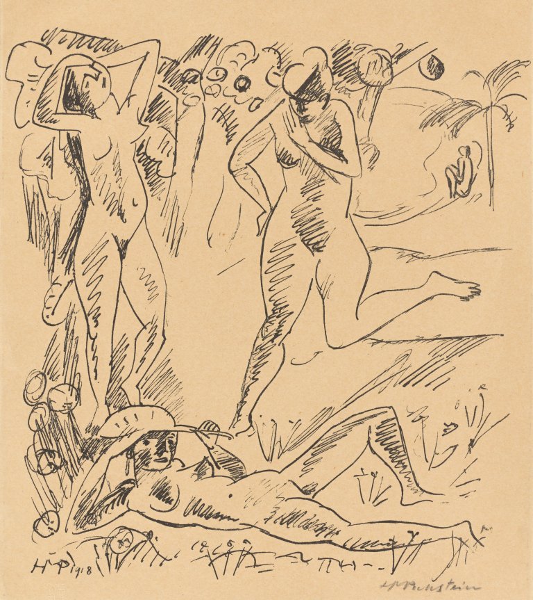 Auf diesem Bild ist das folgende Kunstwerk zu sehen: Max Pechstein. „Komposition (mit drei Palauakten)“. 1918.