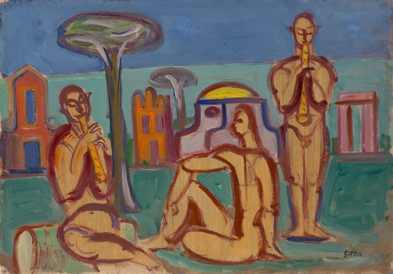 Auf diesem Bild ist das folgende Kunstwerk zu sehen: Werner Gilles. Arkadische Flötenspieler. Um 1945/49.