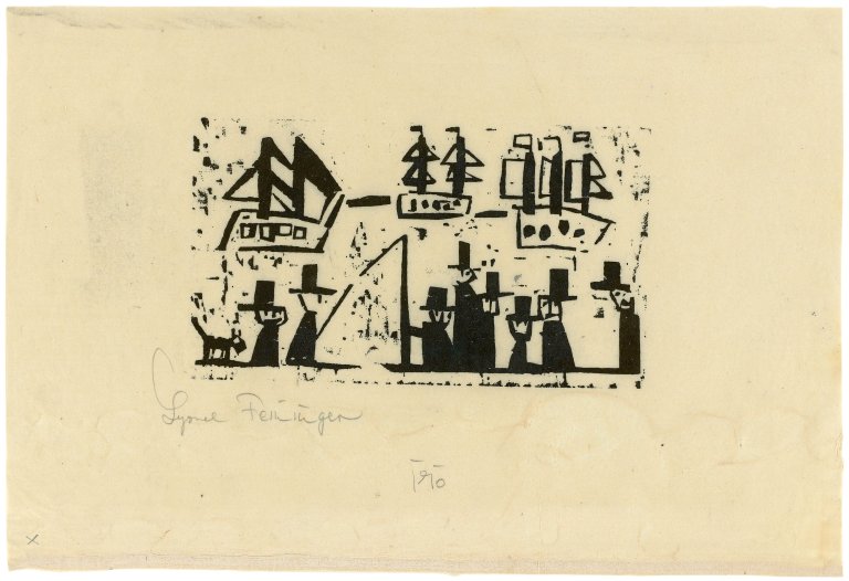 Auf diesem Bild ist das folgende Kunstwerk zu sehen: Lyonel Feininger. „Acht Männer mit Zylinderhüten und ein Hund“. 1919.