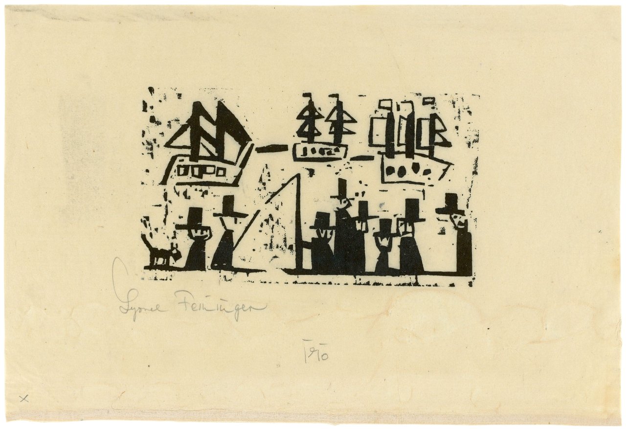 This picture shows the following artwork: Lyonel Feininger. „Acht Männer mit Zylinderhüten und ein Hund“. 1919.