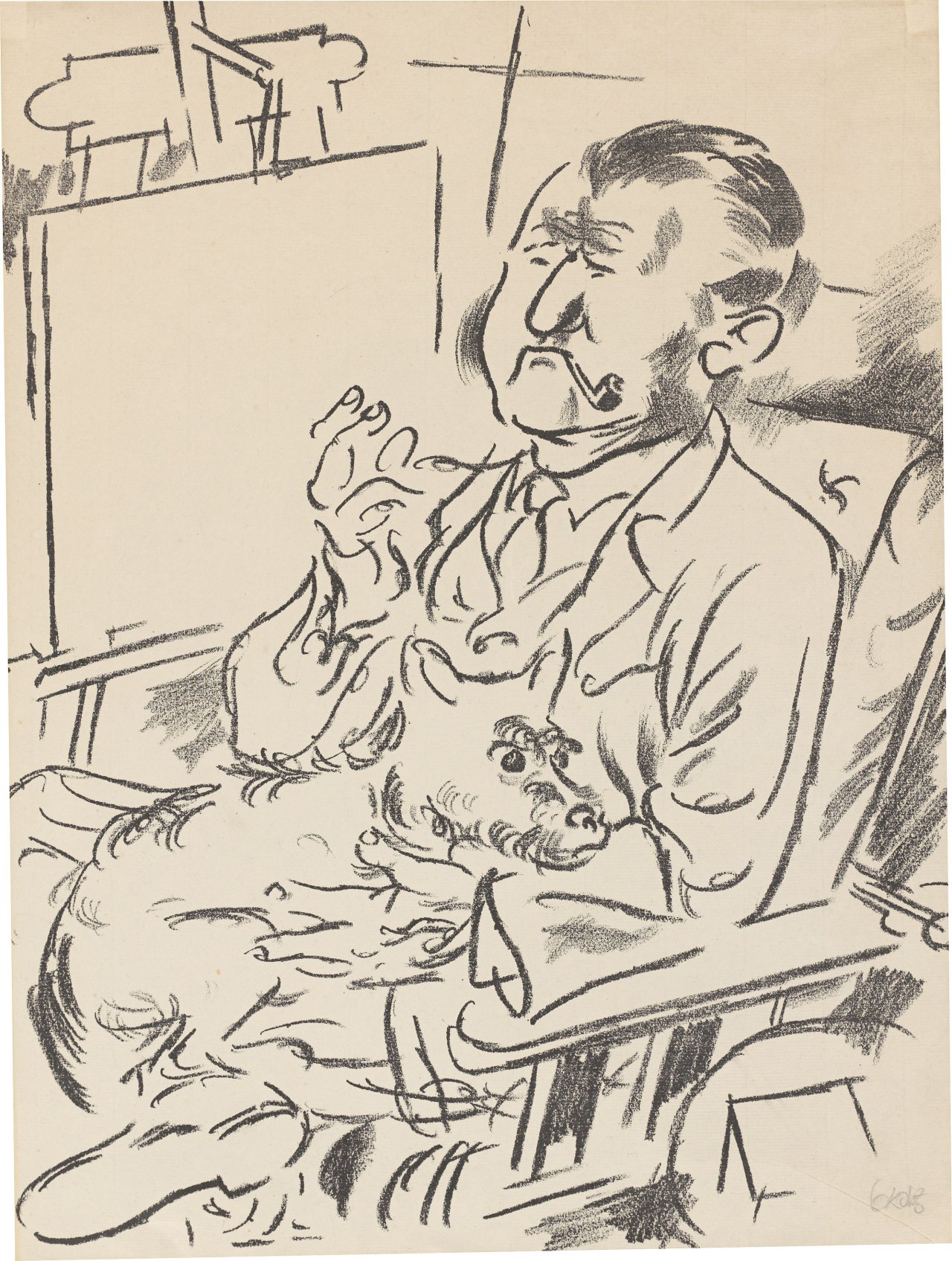 Auf diesem Bild ist das folgende Kunstwerk zu sehen: George Grosz. „Selbstbildnis mit Hund vor Staffelei“. 1926.