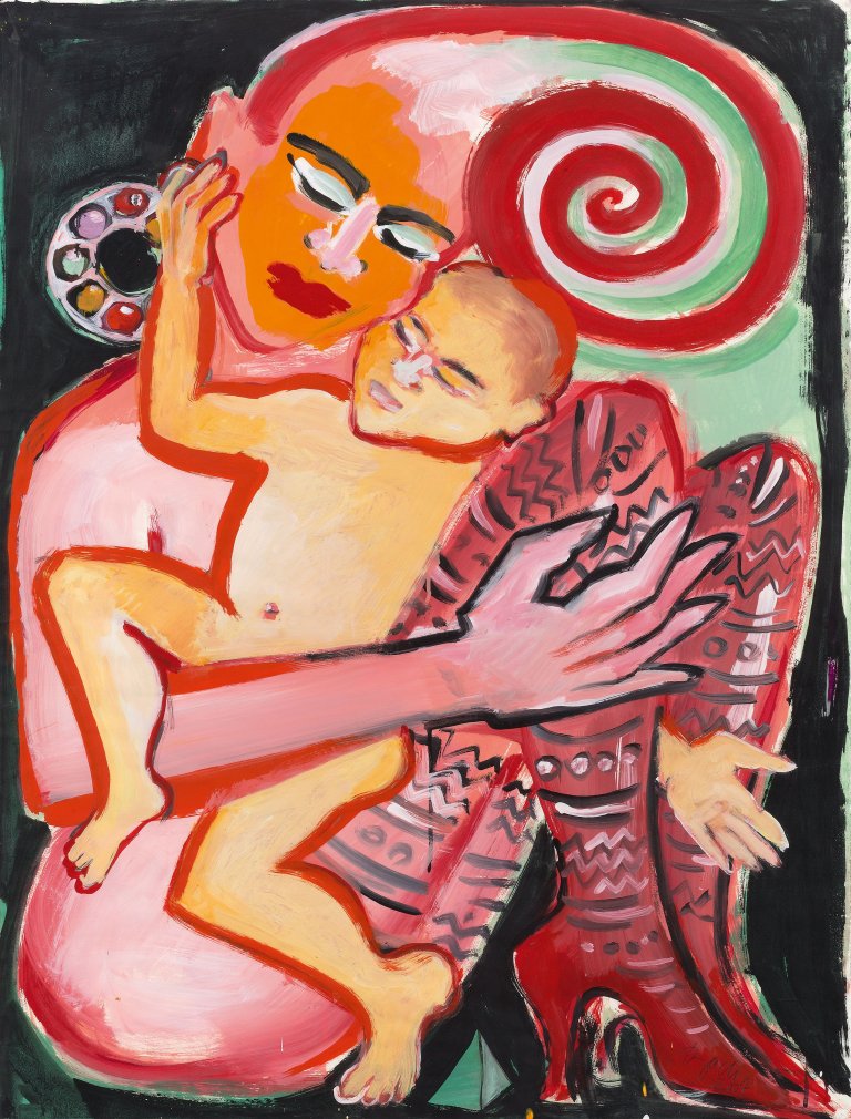 Auf diesem Bild ist das folgende Kunstwerk zu sehen: Elvira Bach. Frau mit Kind. 2004.