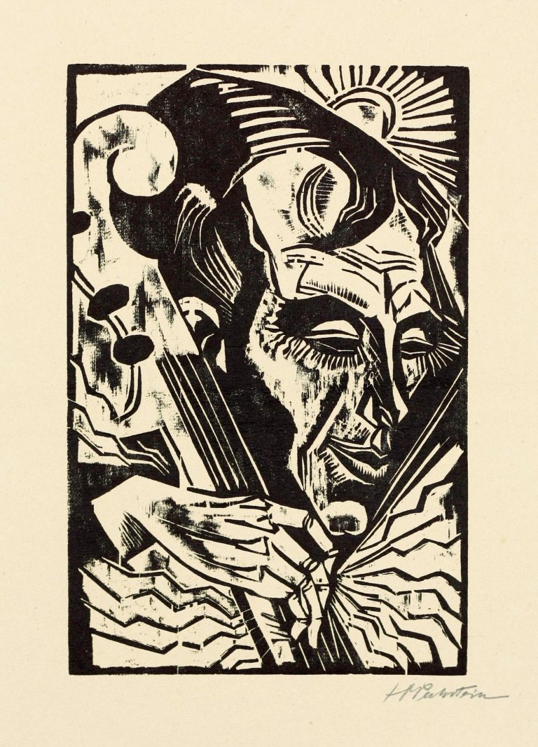 Auf diesem Bild ist das folgende Kunstwerk zu sehen: Max Pechstein. „Ein Cellist“. 1918.