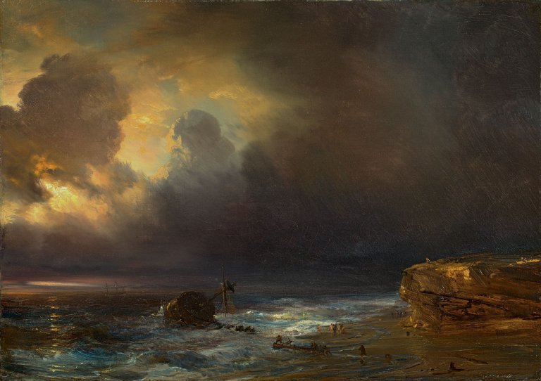 Auf diesem Bild ist das folgende Kunstwerk zu sehen: Théodore Gudin. Küstenszene bei Mondlicht. 1839.