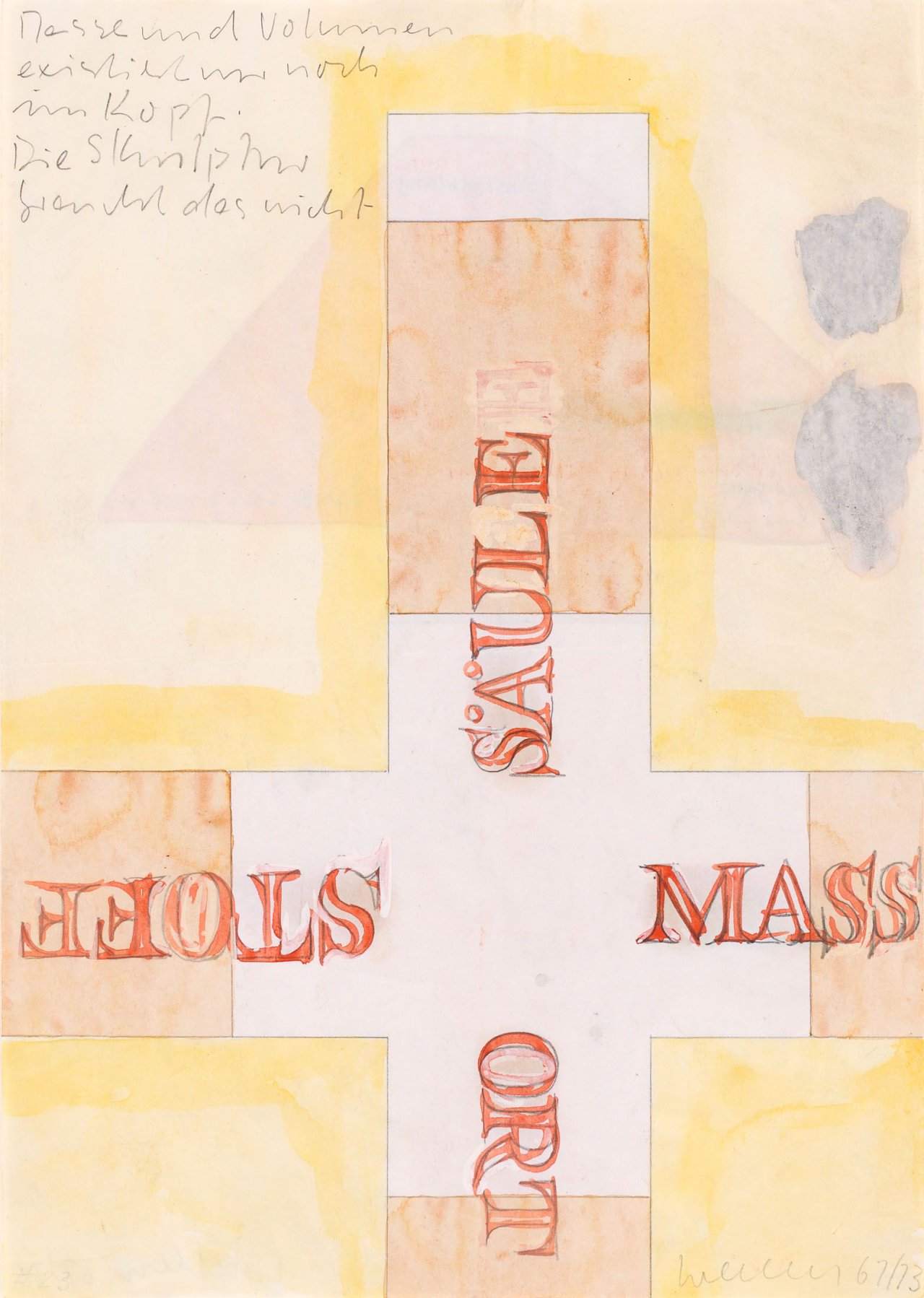 Auf diesem Bild ist das folgende Kunstwerk zu sehen: Franz Erhard Walther. Werkzeichnung (SÄULE STOFF MASSE ORT). 1967/73.