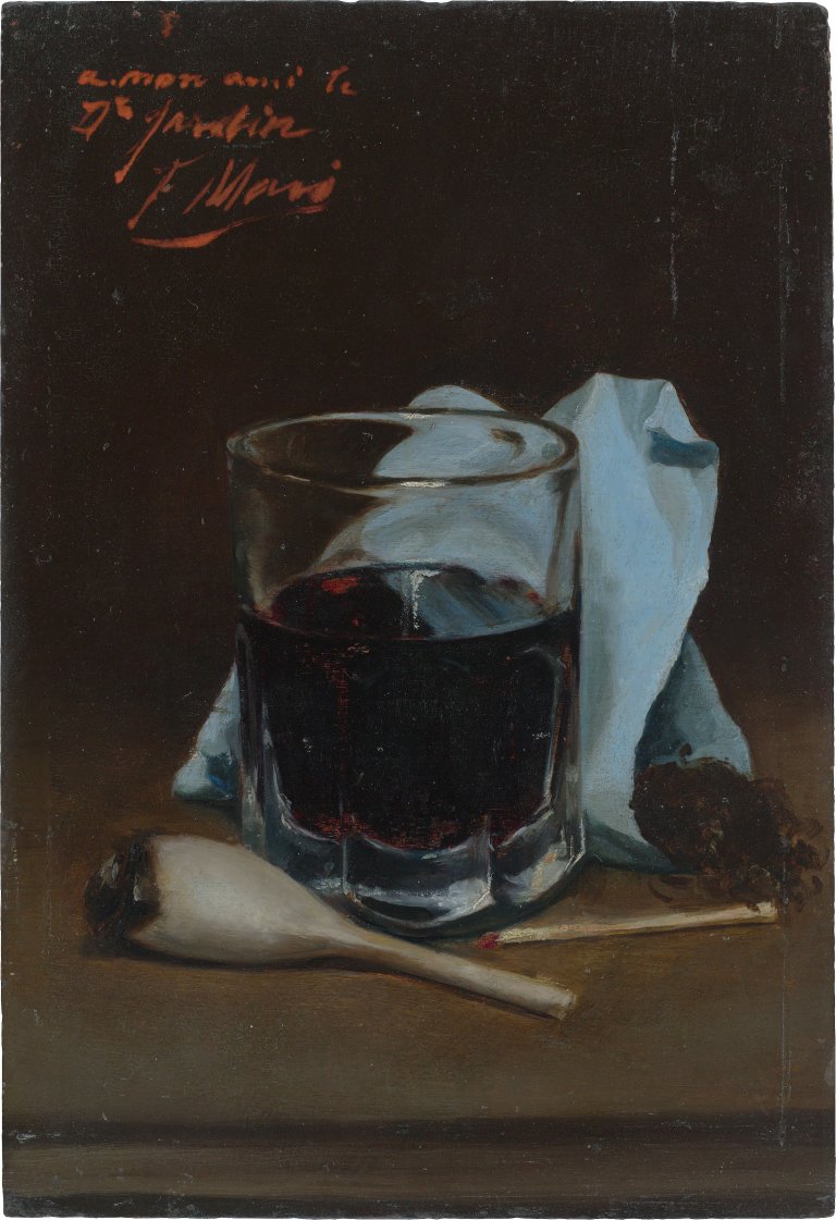 Auf diesem Bild ist das folgende Kunstwerk zu sehen:  Französisch, um 1880. Stillleben mit Glas.