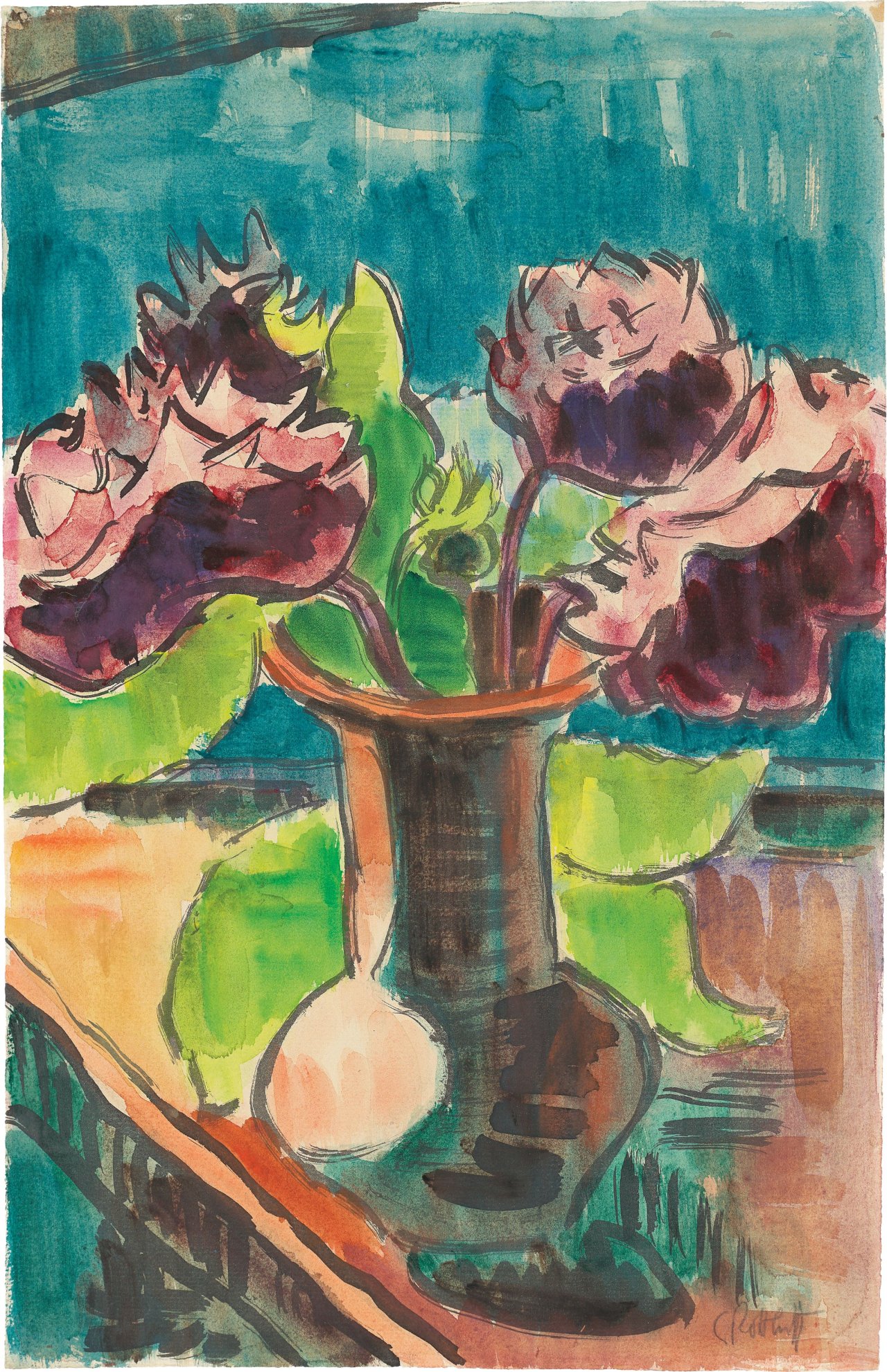 Auf diesem Bild ist das folgende Kunstwerk zu sehen: Karl Schmidt-Rottluff. Vase mit Dahlien.