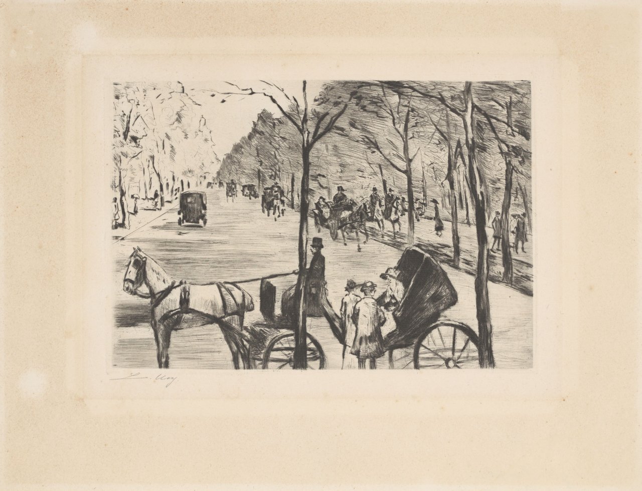 Auf diesem Bild ist das folgende Kunstwerk zu sehen: Lesser Ury. „Allee im Tiergarten mit Kutsche im Vordergrund“. Um 1920.