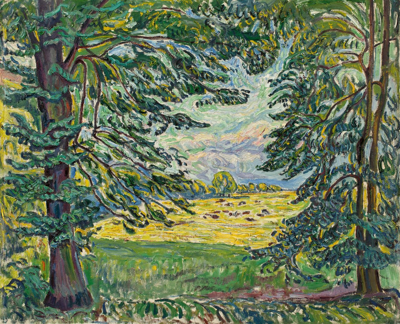 Auf diesem Bild ist das folgende Kunstwerk zu sehen: Theo von Brockhusen. Weidende Kühe (Schlesische Wiese). 1918.