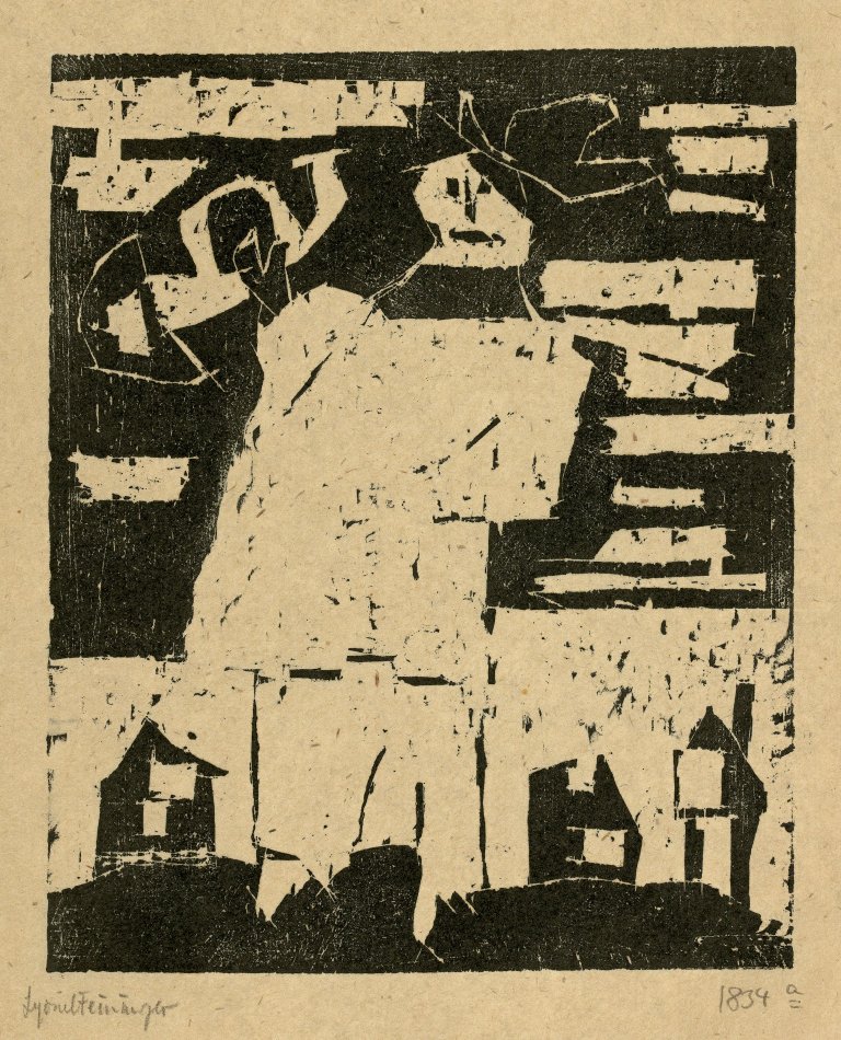 Auf diesem Bild ist das folgende Kunstwerk zu sehen: Lyonel Feininger. „Trompeter (mit Hut)“. 1918.