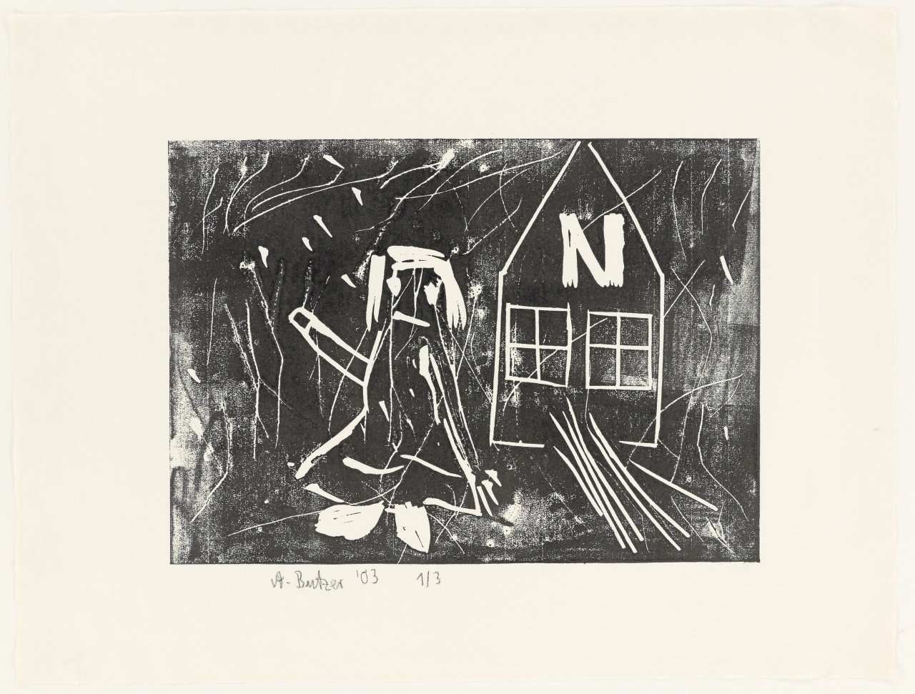 This picture shows the following artwork: André Butzer. Untitled (Woman in Front of N-House). 2003.