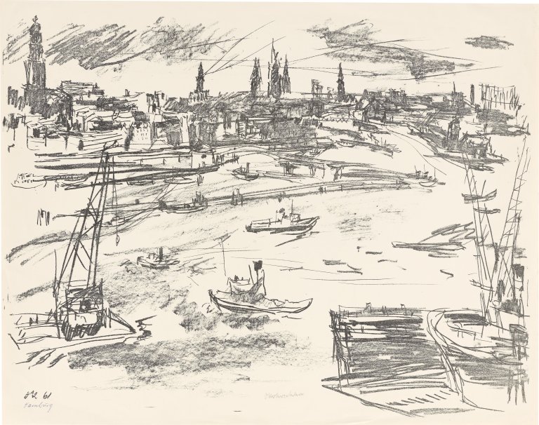 Auf diesem Bild ist das folgende Kunstwerk zu sehen: Oskar Kokoschka. „Hamburger Hafen“. 1961.