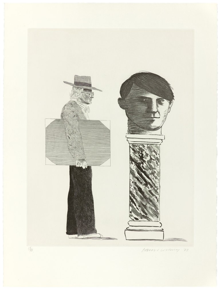 Auf diesem Bild ist das folgende Kunstwerk zu sehen: David Hockney. „The student: homage to Picasso“. 1973.