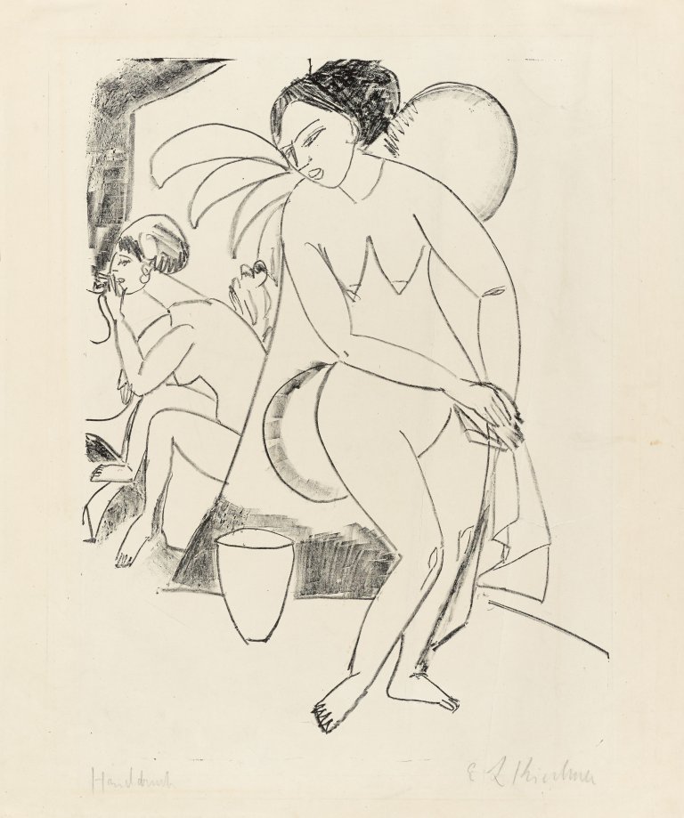 Auf diesem Bild ist das folgende Kunstwerk zu sehen: Ernst Ludwig Kirchner. „Nackte Mädchen im Atelier“. 1911.