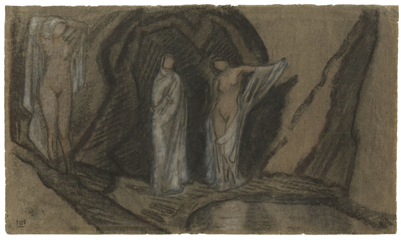 Auf diesem Bild ist das folgende Kunstwerk zu sehen: Ludwig von Hofmann. Drei Frauen am Wasser.