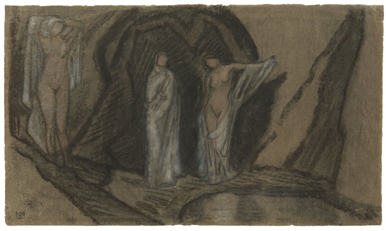 Auf diesem Bild ist das folgende Kunstwerk zu sehen: Ludwig von Hofmann. Drei Frauen am Wasser.