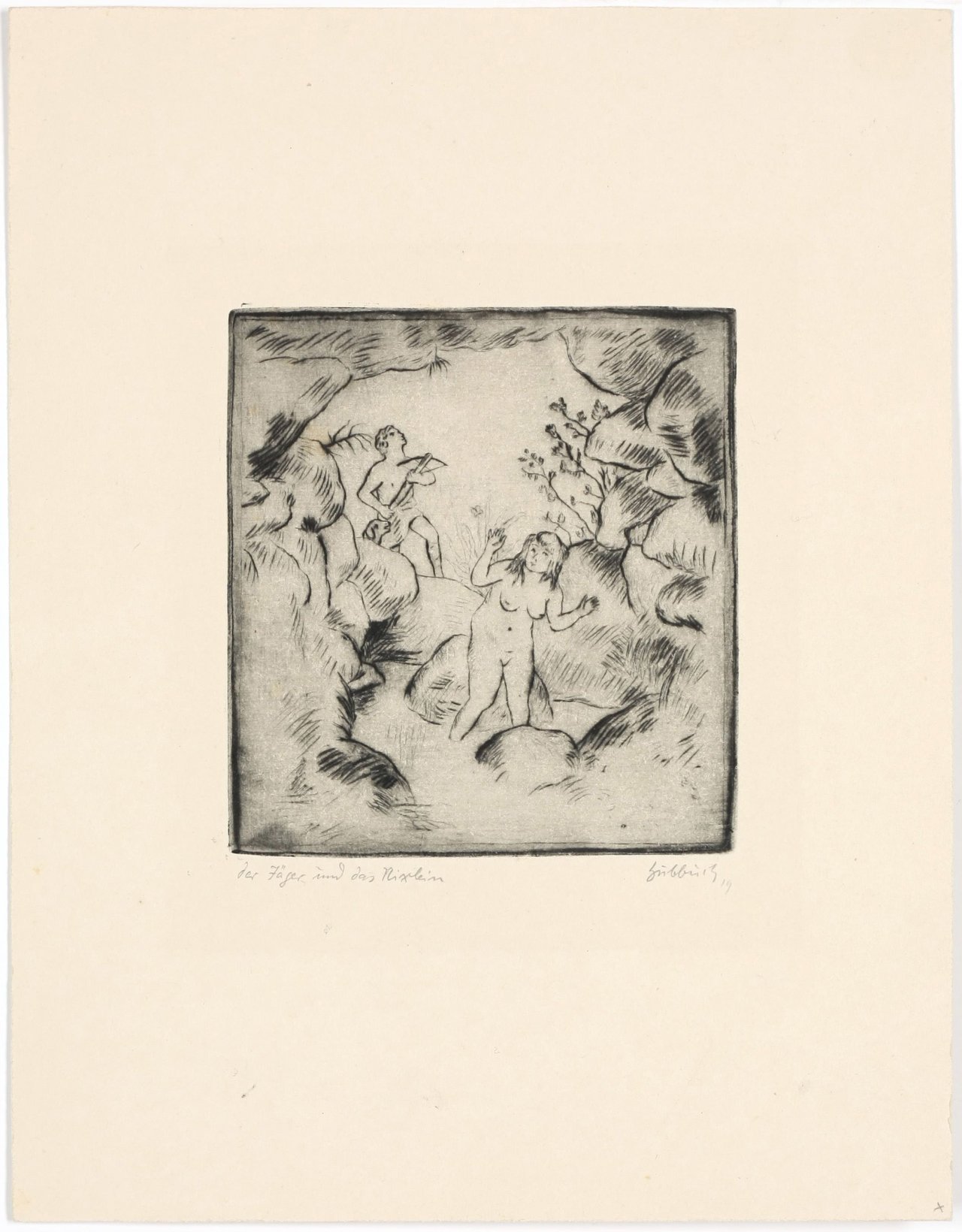 This picture shows the following artwork: Karl Hubbuch. „Ritter und Schäfer“/„Am Bächlein“/„Der Jäger und Nixlein“. 1919.