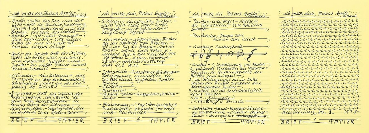 Auf diesem Bild ist das folgende Kunstwerk zu sehen: Hanne Darboven. „Aufzeichnung 25.3.1975“/„Aufzeichnung 3.11.1975“/„Aufzeichnung 23.4.1976“. 1975/1976.