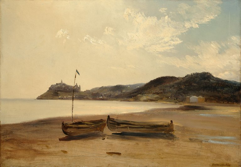 Auf diesem Bild ist das folgende Kunstwerk zu sehen: Théodore Gudin. Boote am Strand.