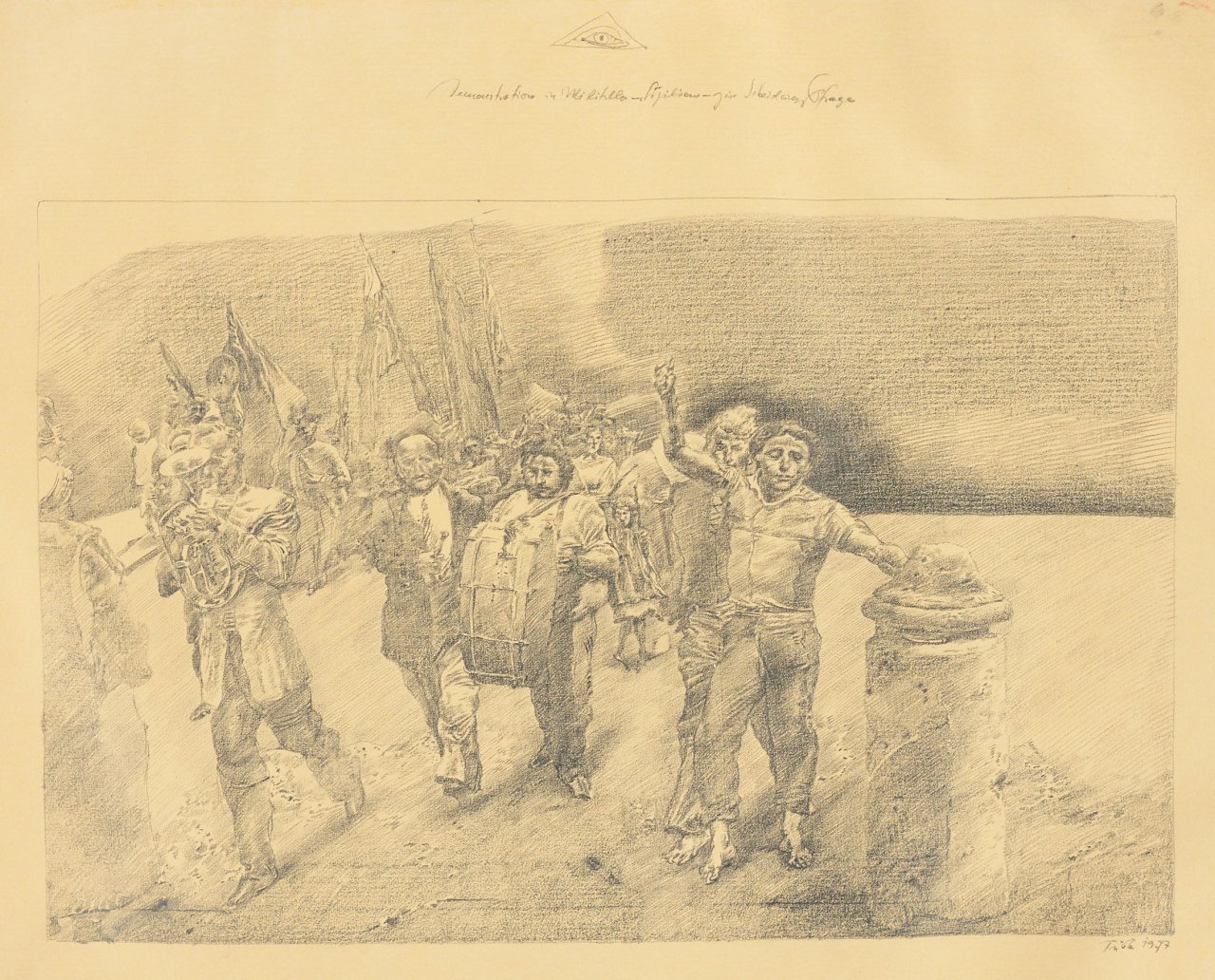 Auf diesem Bild ist das folgende Kunstwerk zu sehen: Werner Tübke. „Demonstration in Militello - Sizilien“. 1977.