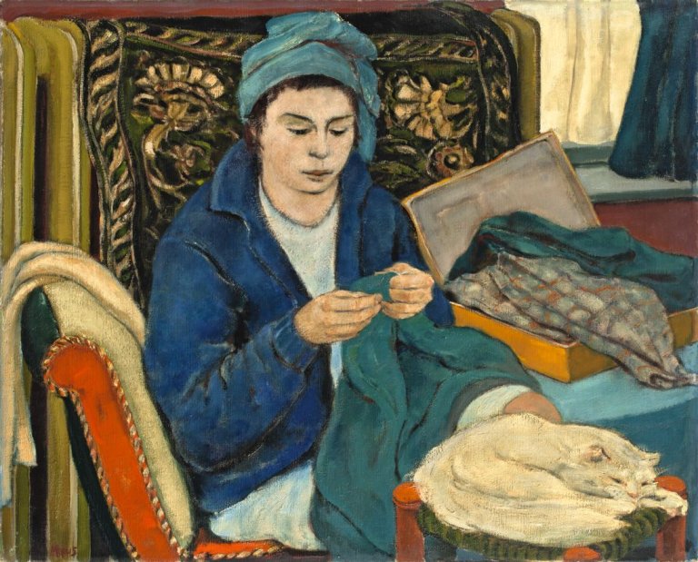 Auf diesem Bild ist das folgende Kunstwerk zu sehen: Max Kaus. „Mädchen mit Turban, nähend“. 1929.