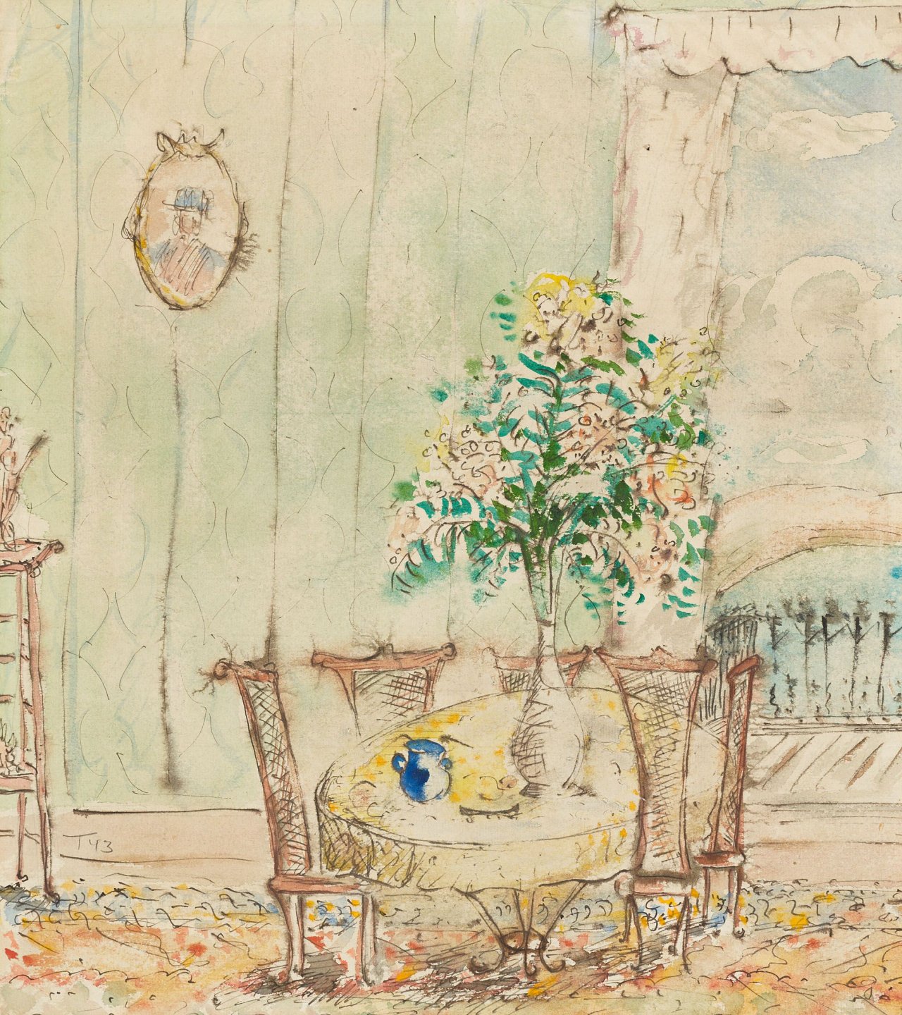 Auf diesem Bild ist das folgende Kunstwerk zu sehen: Heinz Trökes. Interieur mit Blumenbouquet. 1943.
