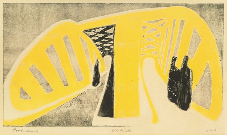 Auf diesem Bild ist das folgende Kunstwerk zu sehen: Rolf Nesch. Elbbrücke III (aus: Hamburger Brücken). 1932.