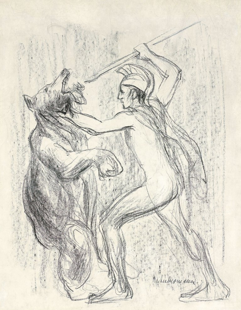 Auf diesem Bild ist das folgende Kunstwerk zu sehen: Max Liebermann. Zu: „Hercules-Hindenburg erschlägt den russischen Bären“. 1914.