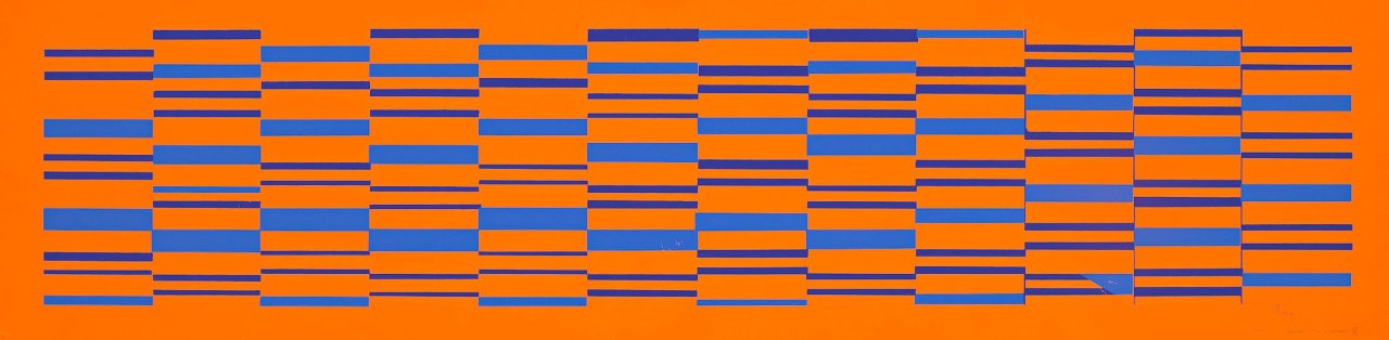 Auf diesem Bild ist das folgende Kunstwerk zu sehen: Günter Fruhtrunk. „Dynamisches Feld Rot-Blau“. 1962.