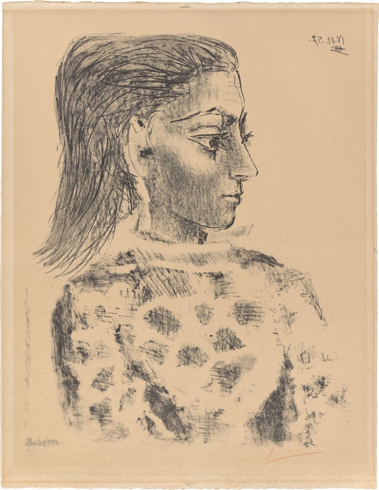 Auf diesem Bild ist das folgende Kunstwerk zu sehen: Pablo Picasso. „Buste au corsage à carreaux“. 1957.