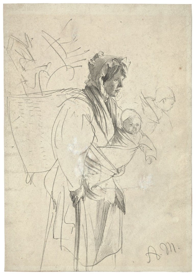 Auf diesem Bild ist das folgende Kunstwerk zu sehen: Adolph Menzel. Mutter mit Kind und Kiepe. Ende der 1840er Jahre.