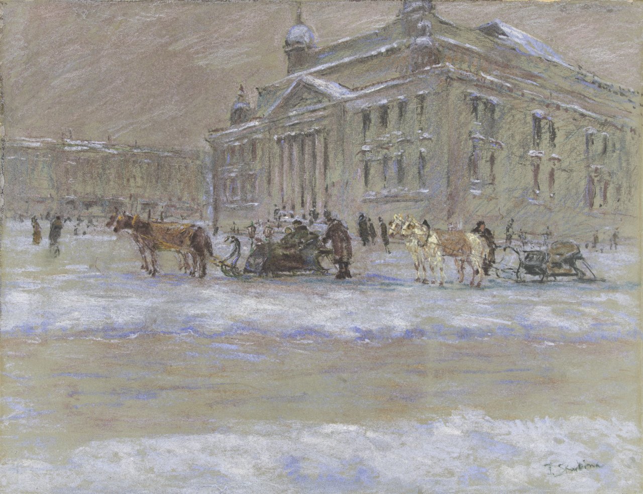 This picture shows the following artwork: Franz Skarbina. Winterlicher Platz mit wartendem Pferdeschlitten.
