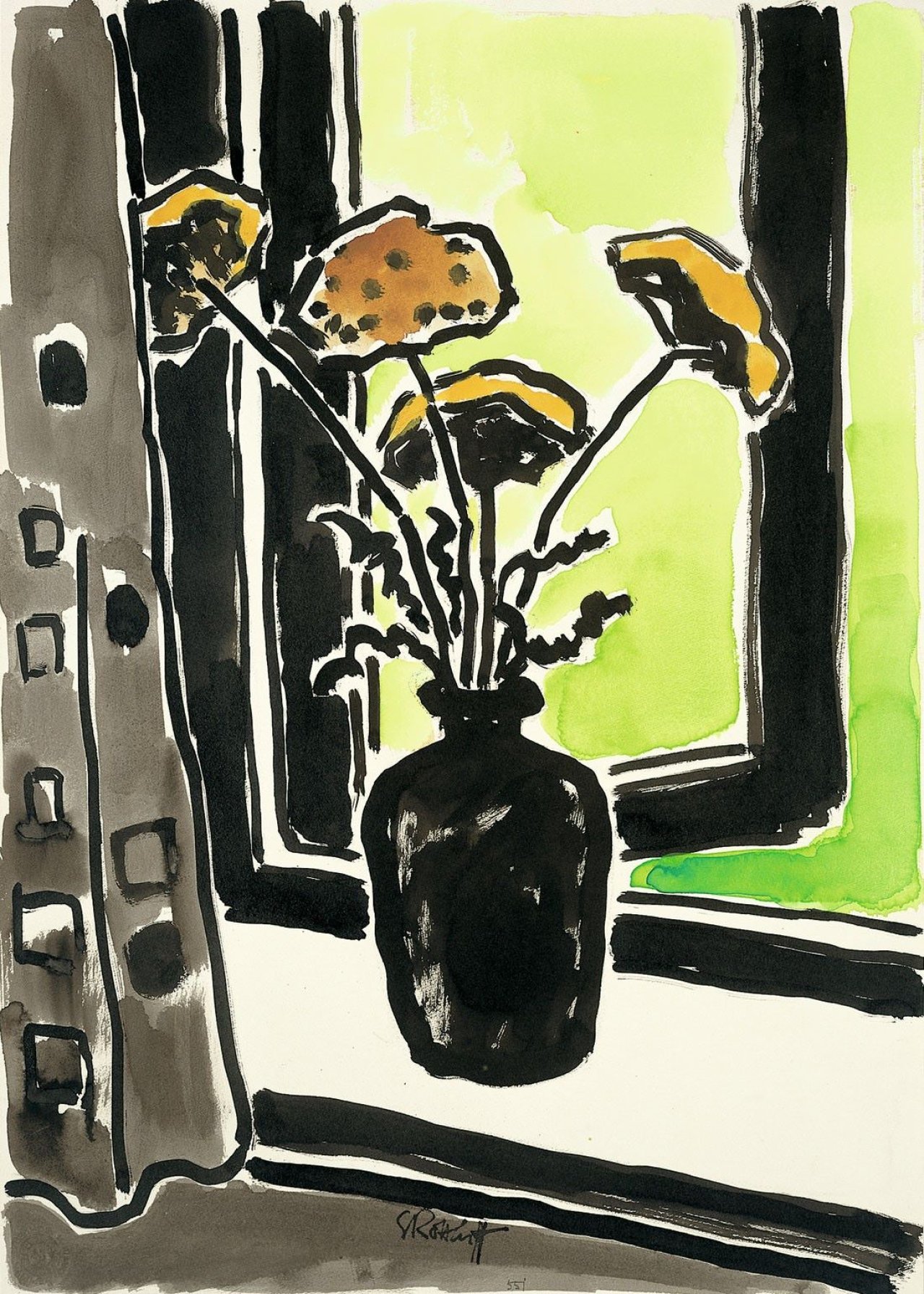 Auf diesem Bild ist das folgende Kunstwerk zu sehen: Karl Schmidt-Rottluff. Vase mit Schafgarbe am Fenster. 1955.