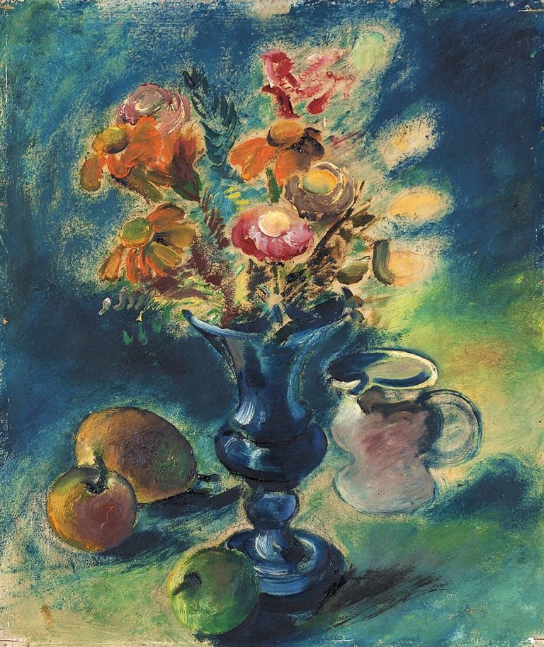 Auf diesem Bild ist das folgende Kunstwerk zu sehen: Bruno Krauskopf. Blumenstilleben mit Früchten. Um 1920.