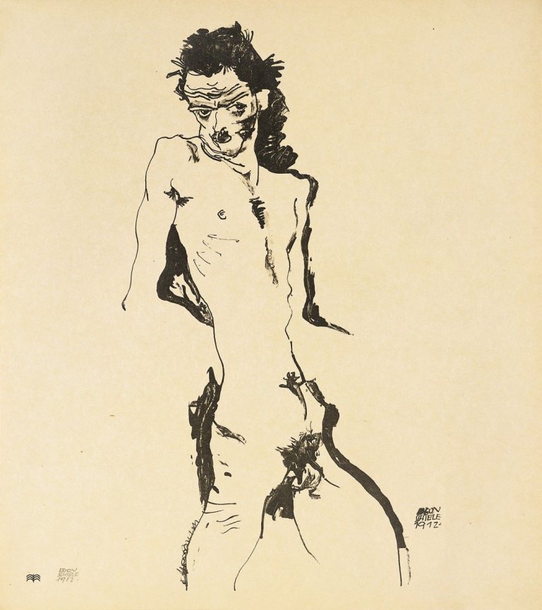 Auf diesem Bild ist das folgende Kunstwerk zu sehen: Egon Schiele. „Männlicher Akt (Selbstbildnis) I“. 1912.