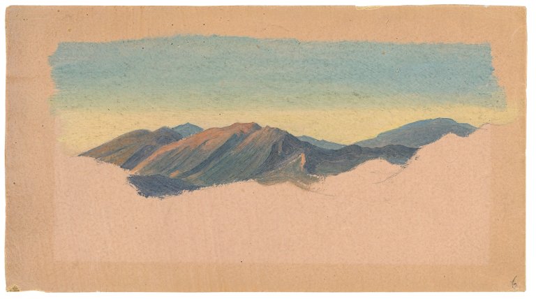 Auf diesem Bild ist das folgende Kunstwerk zu sehen:  Deutsch, um 1830. Berge bei Olevano.