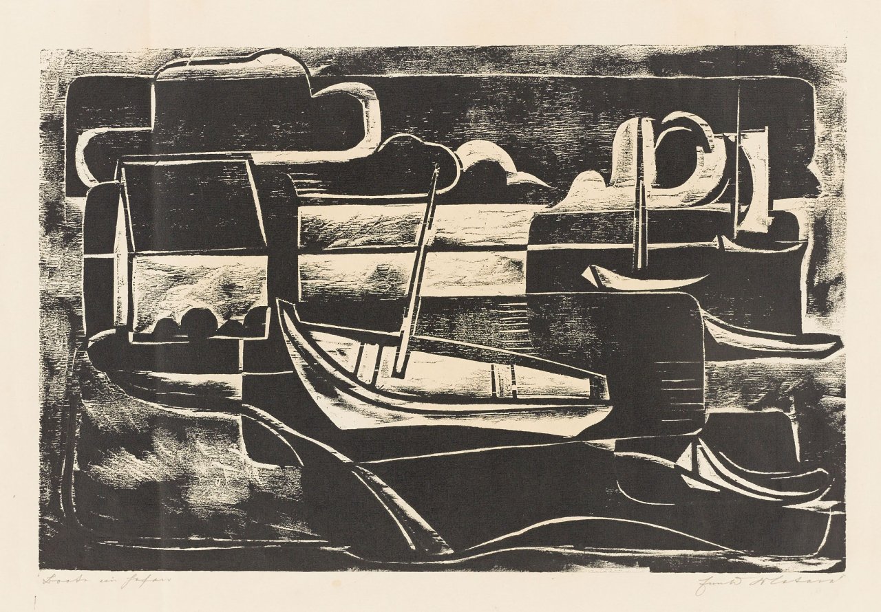 Auf diesem Bild ist das folgende Kunstwerk zu sehen: Ewald Mataré. „Landschaft mit Booten“. 1930.